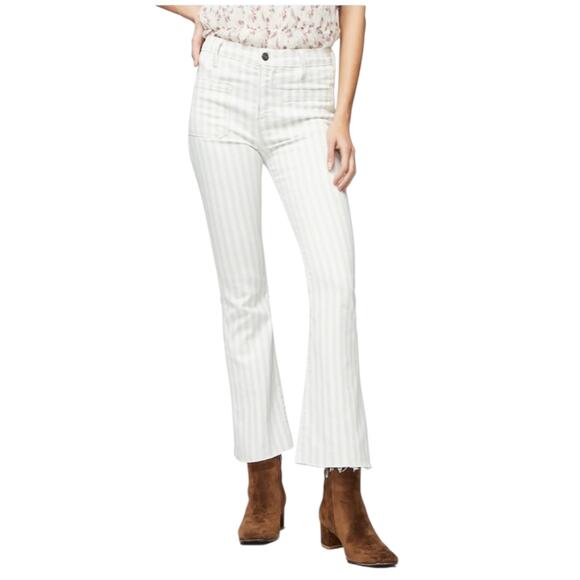 FRAME Women’s Tan+White Striped Le Bardot Crop Flare Raw Edge Denim Pant-size 33 - Picture 4 of 15
